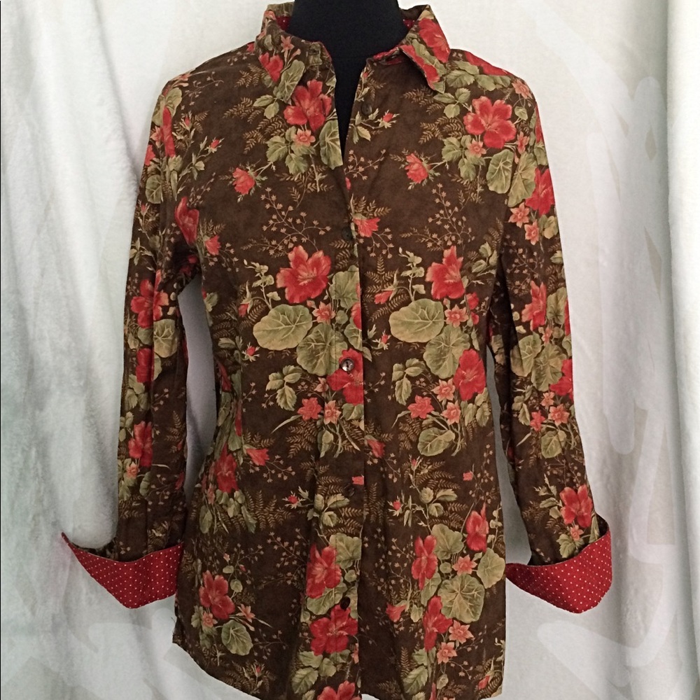 Appleseed's Red Brown Floral Print Button Shirt - Picture 8 of 8